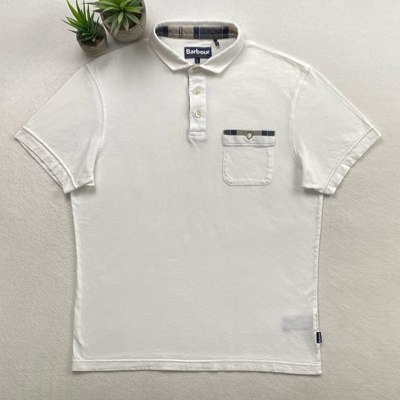 Barbour Corpatch Trim Fit Contrast Tartan Plaid Short Sleeve Polo Shirt (White) - Picture 1 of 16